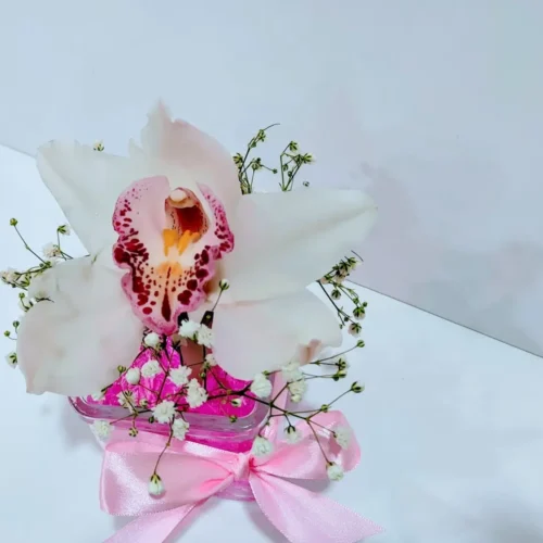 Ανθοσύνθεση ορχιδέας σε γυάλινο κύβο με ροζ τζελ