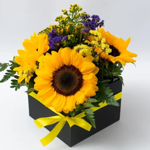 Ανθοσύνθεση σε τετράγωνο κουτί με 4 ηλιοτρόπια Ανθοσύνθεση σε τετράγωνο κουτί με 4 ηλιοτρόπια