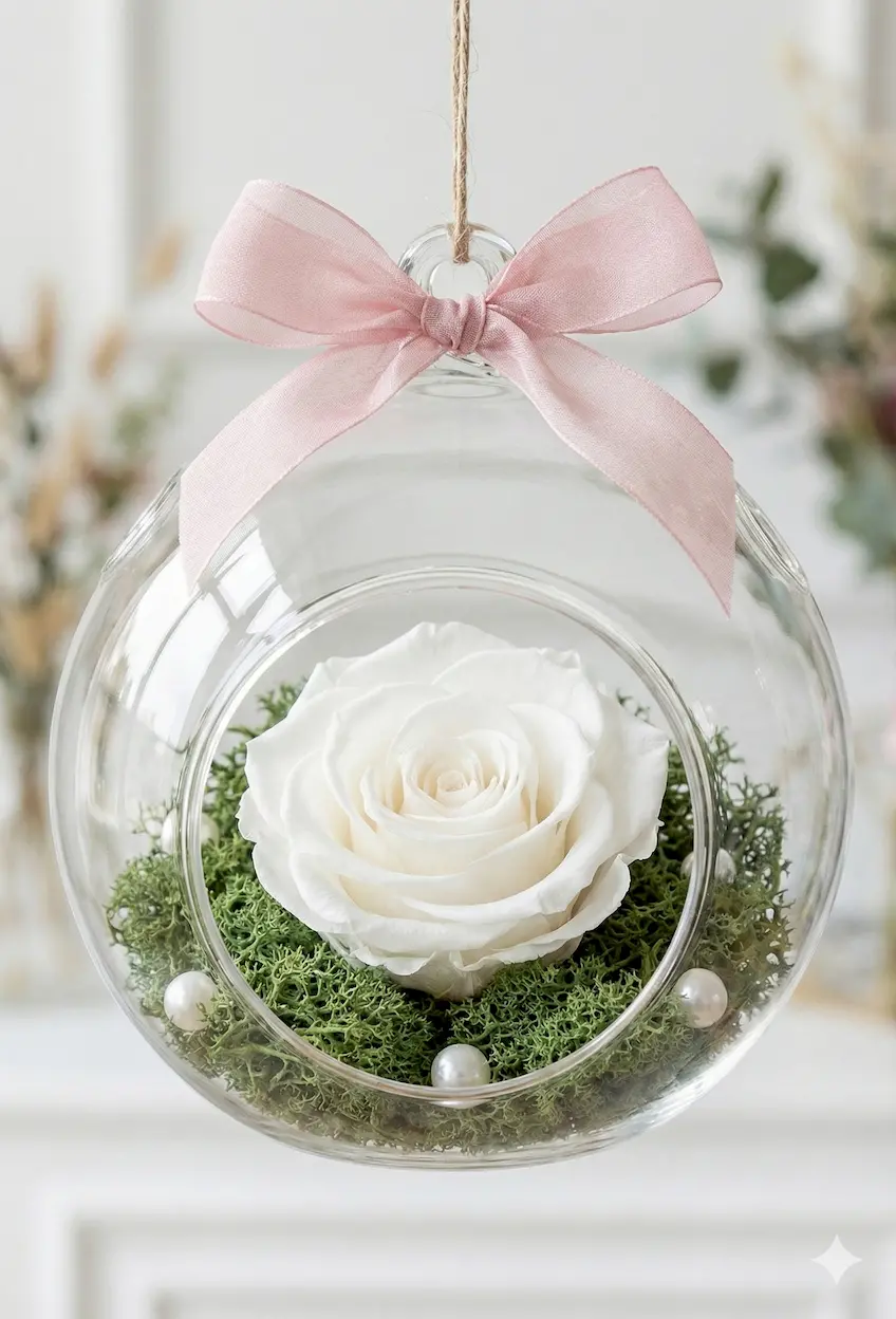 Λευκό Forever Rose Ecuador σε Στρογγυλή Γυάλα – Το Παντοτινό Τριαντάφυλλο Λευκό αποχυμωμένο τριαντάφυλλο Forever Rose σε στρογγυλή γυάλα - Dragatakis Flowers