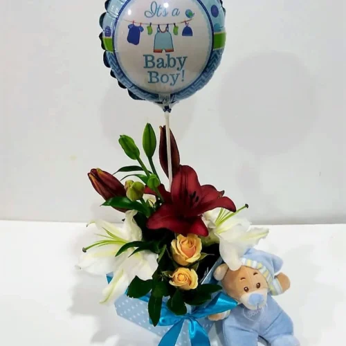 Ανθοσύνθεση για αγόρι με λούτρινο και μπαλόνι