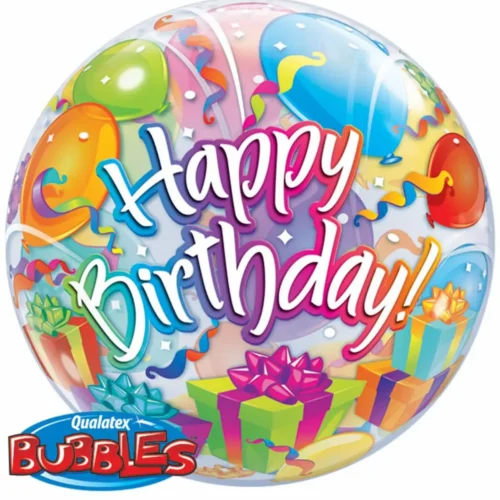 Πολύχρωμο διάφανο μπαλόνι Happy Birthday Bubble 55cm με ήλιο - Dragatakis Flowers